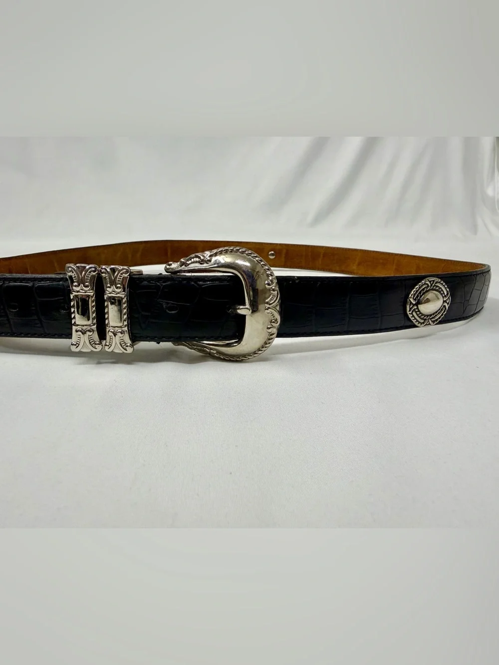 Black Croc Embossed Western Belt with Silver Conchos & Ornate Buckle